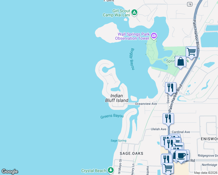 map of restaurants, bars, coffee shops, grocery stores, and more near 121 Carlyle Drive in Palm Harbor