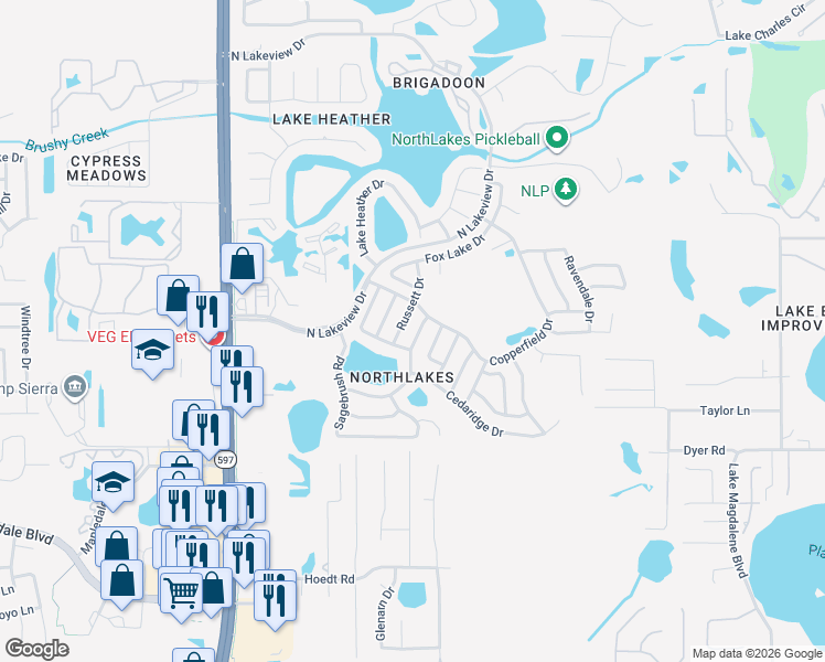 map of restaurants, bars, coffee shops, grocery stores, and more near 3318 Russett Drive in Tampa
