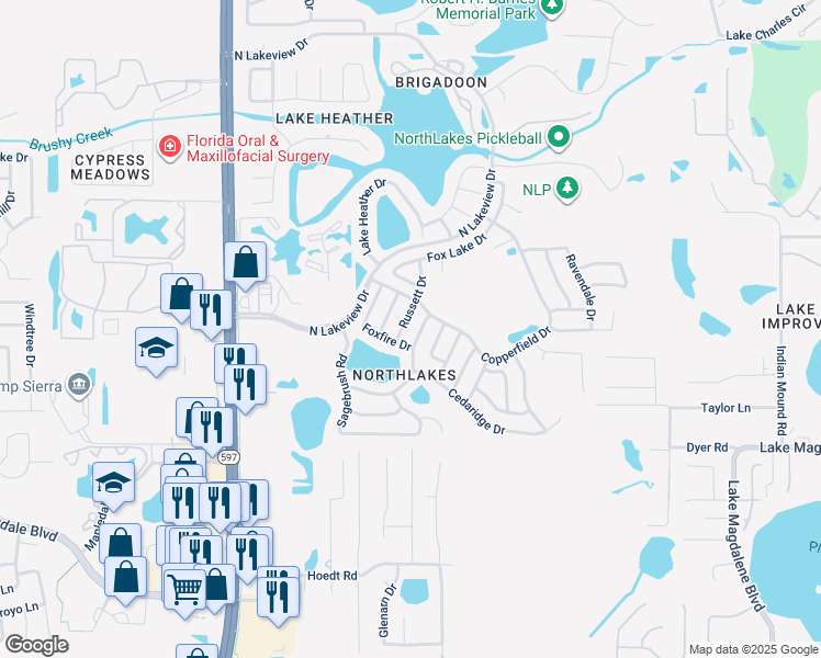 map of restaurants, bars, coffee shops, grocery stores, and more near 3312 Russett Drive in Tampa