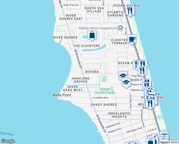 map of restaurants, bars, coffee shops, grocery stores, and more near 461 East Riviera Boulevard in Indialantic