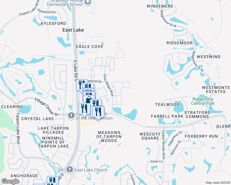 map of restaurants, bars, coffee shops, grocery stores, and more near 3601 Wembley Way in Palm Harbor