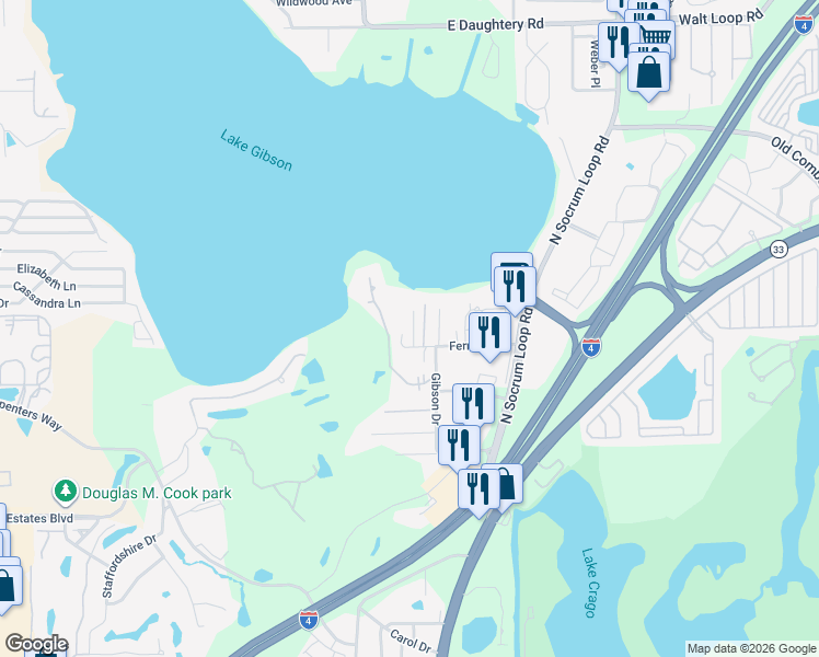 map of restaurants, bars, coffee shops, grocery stores, and more near 141 Fernery Road in Lakeland