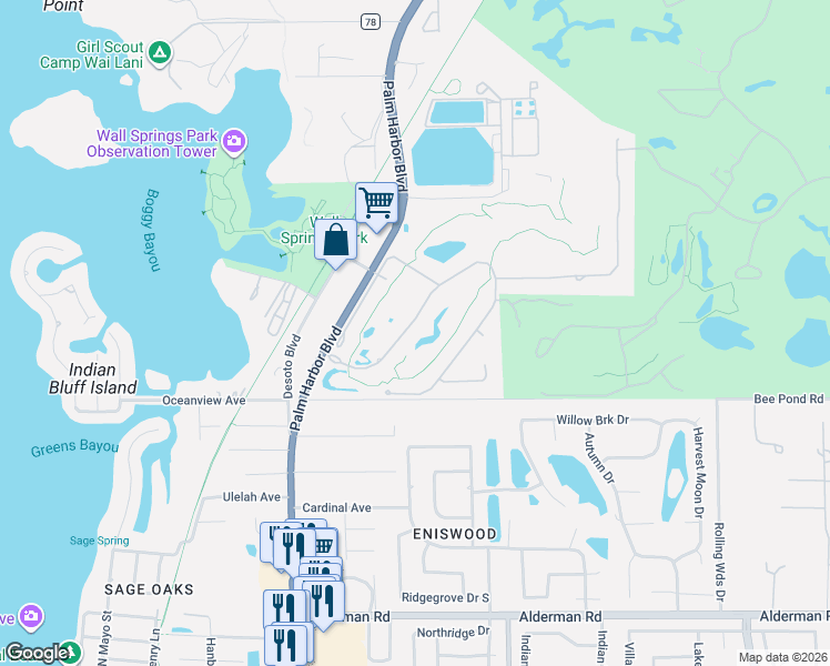 map of restaurants, bars, coffee shops, grocery stores, and more near 877 Skye Lane in Palm Harbor