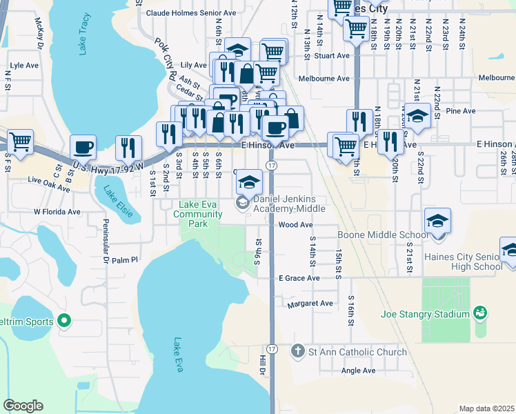 map of restaurants, bars, coffee shops, grocery stores, and more near 801 Ledwith Avenue in Haines City