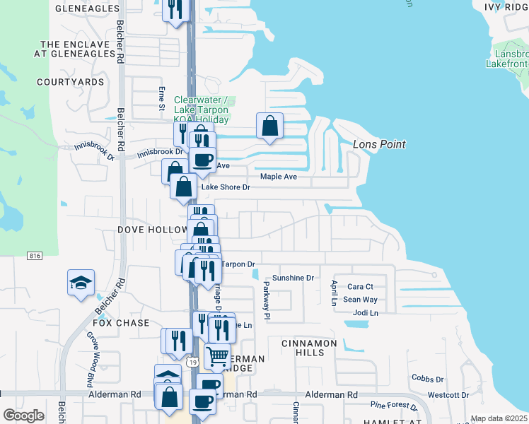 map of restaurants, bars, coffee shops, grocery stores, and more near New England Avenue in Palm Harbor