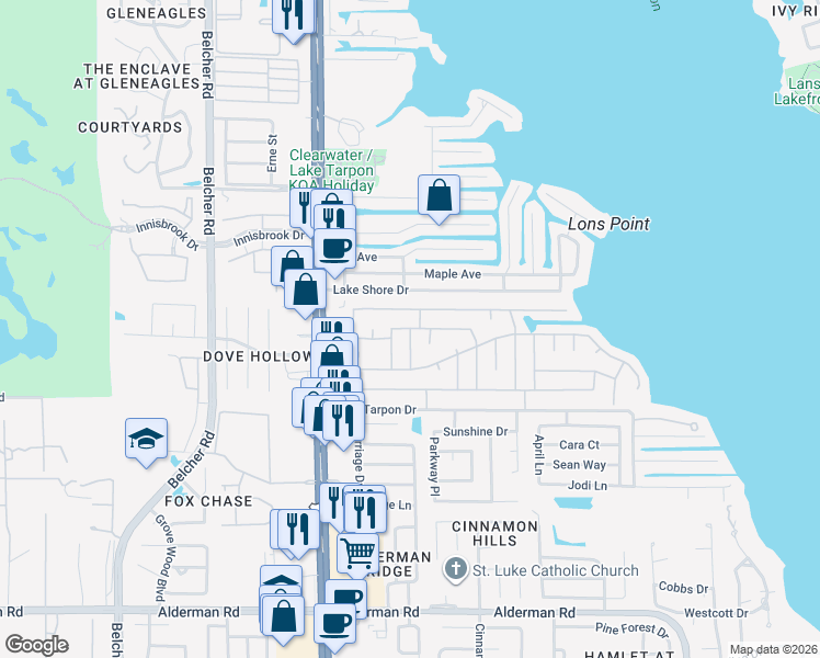 map of restaurants, bars, coffee shops, grocery stores, and more near 98 William Penn Way in Palm Harbor