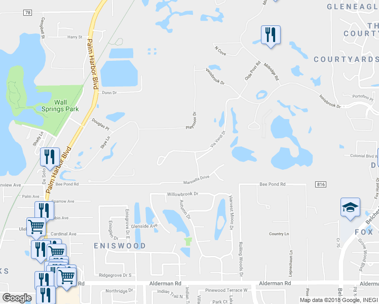 map of restaurants, bars, coffee shops, grocery stores, and more near 1446 Via Verdi Drive in Palm Harbor