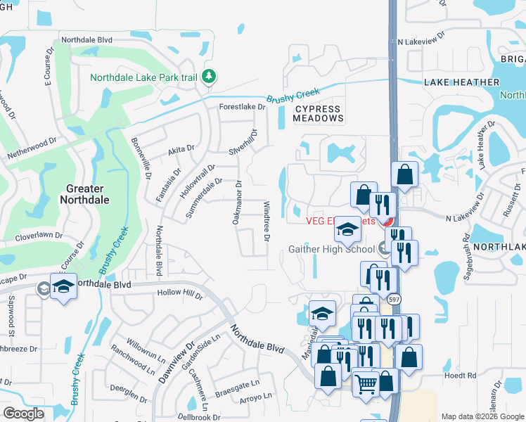 map of restaurants, bars, coffee shops, grocery stores, and more near 4030 Windtree Drive in Tampa