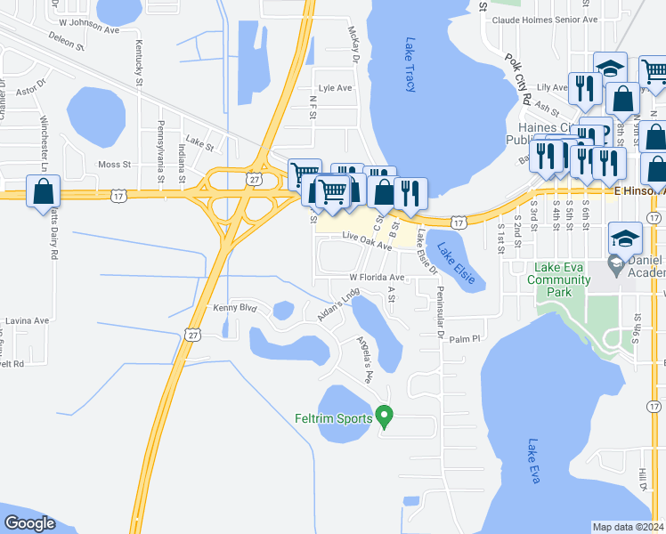 map of restaurants, bars, coffee shops, grocery stores, and more near 575 Live Oak Avenue in Haines City