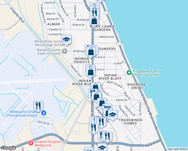 map of restaurants, bars, coffee shops, grocery stores, and more near 308 South Babcock Street in Melbourne