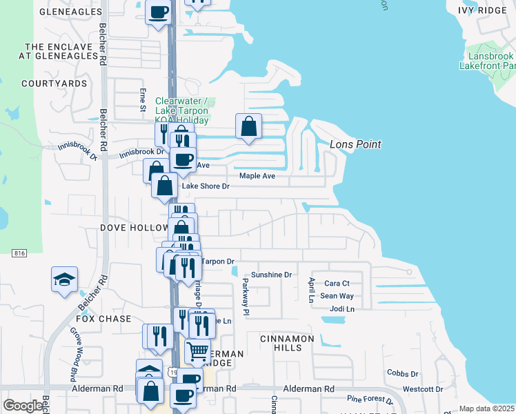 map of restaurants, bars, coffee shops, grocery stores, and more near 195 Philadelphia Boulevard in Palm Harbor