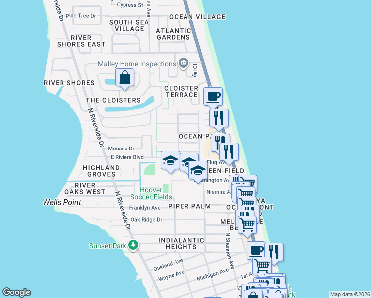 map of restaurants, bars, coffee shops, grocery stores, and more near 230 Avenue De Paz in Indialantic