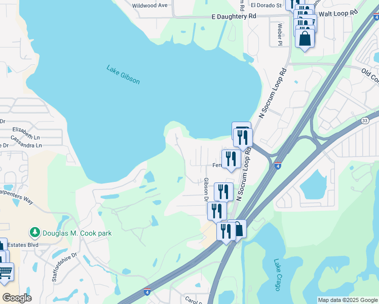 map of restaurants, bars, coffee shops, grocery stores, and more near 141 Fernery Road in Lakeland