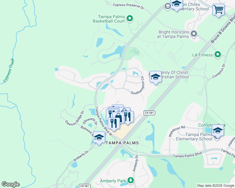 map of restaurants, bars, coffee shops, grocery stores, and more near 16008 Grantham Place in Tampa