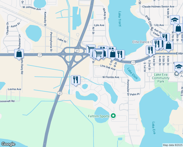 map of restaurants, bars, coffee shops, grocery stores, and more near 120 South F Street in Haines City