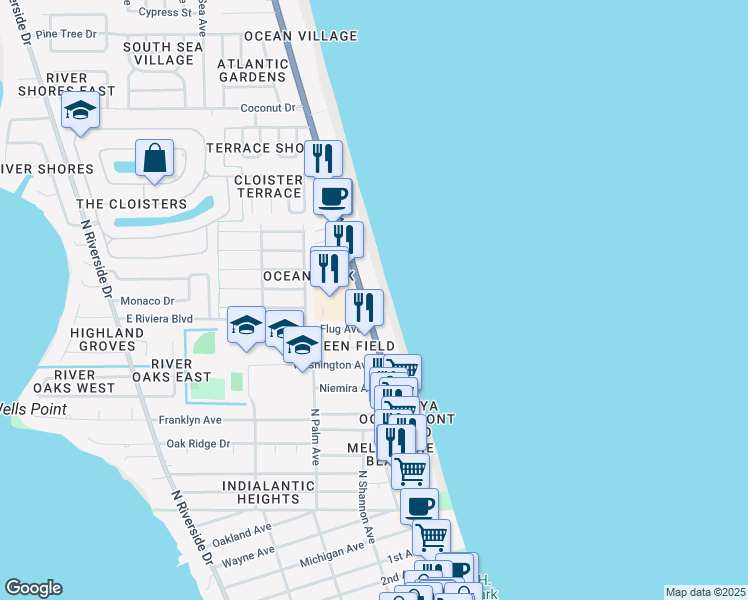 map of restaurants, bars, coffee shops, grocery stores, and more near 141 Del Flora in Indialantic
