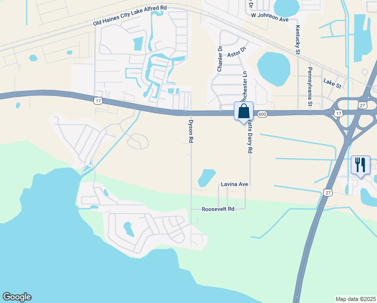 map of restaurants, bars, coffee shops, grocery stores, and more near 220 Dyson Road in Haines City
