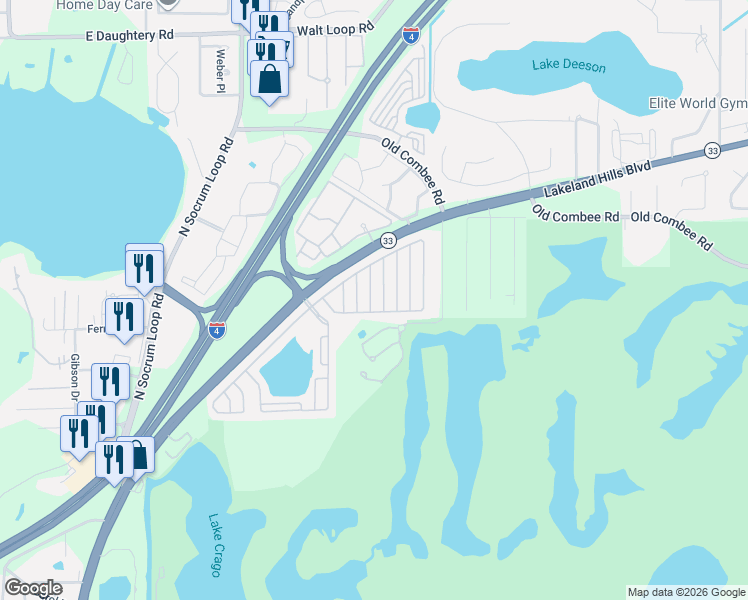 map of restaurants, bars, coffee shops, grocery stores, and more near 4560 Schooner Avenue in Lakeland