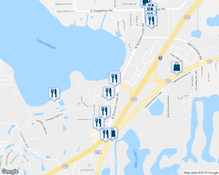 map of restaurants, bars, coffee shops, grocery stores, and more near 4670 North Socrum Loop Road in Lakeland