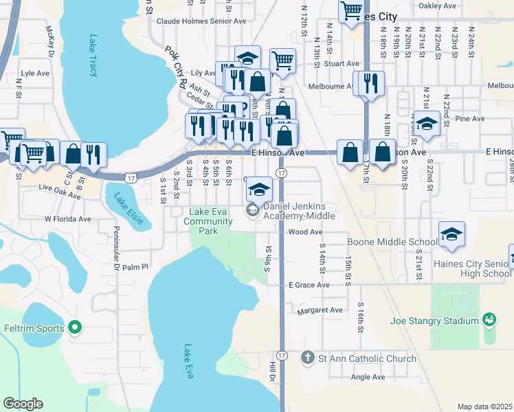 map of restaurants, bars, coffee shops, grocery stores, and more near 801 Ledwith Avenue in Haines City