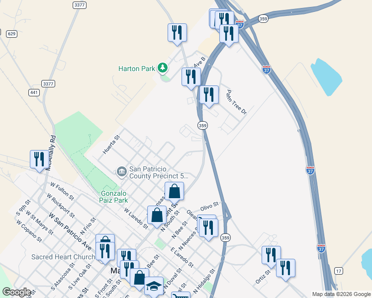 map of restaurants, bars, coffee shops, grocery stores, and more near 1049 Evergreen Street in Mathis