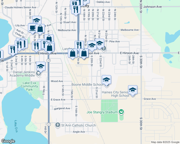map of restaurants, bars, coffee shops, grocery stores, and more near 122 South 20th Street in Haines City