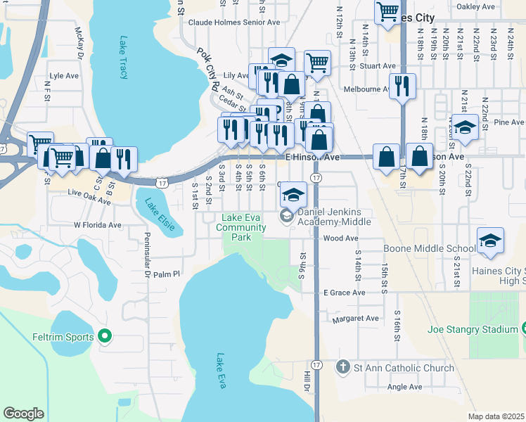 map of restaurants, bars, coffee shops, grocery stores, and more near 226 South 6th Street in Haines City