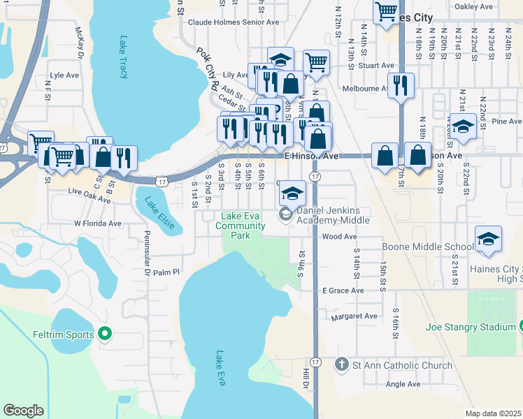 map of restaurants, bars, coffee shops, grocery stores, and more near 226 South 6th Street in Haines City