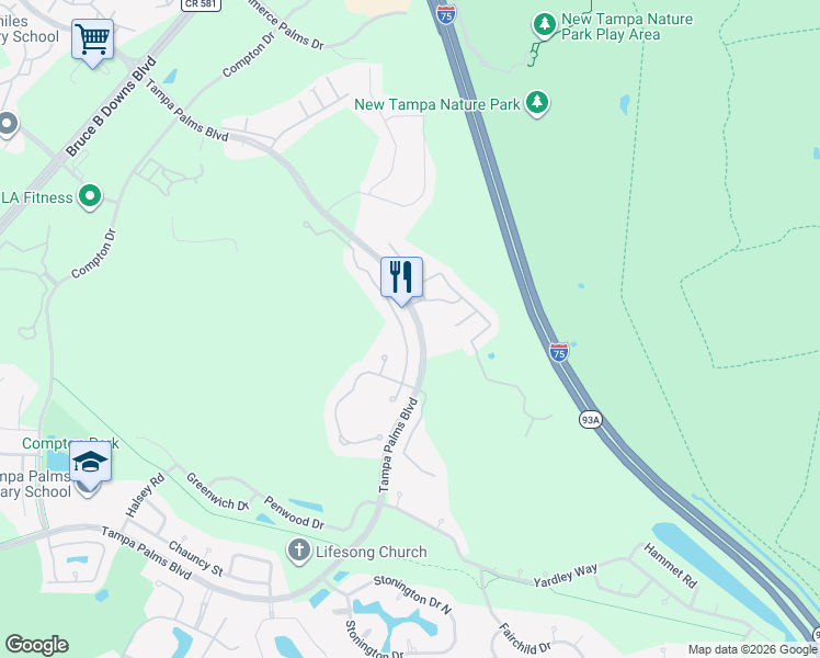 map of restaurants, bars, coffee shops, grocery stores, and more near 7835 Tuscany Woods Drive in Tampa