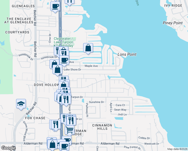 map of restaurants, bars, coffee shops, grocery stores, and more near 195 Philadelphia Boulevard in Palm Harbor