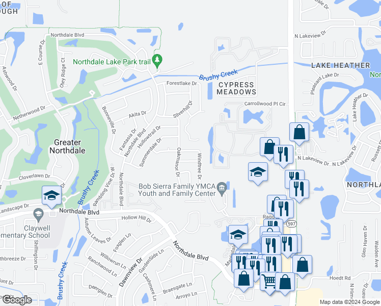 map of restaurants, bars, coffee shops, grocery stores, and more near 4110 Windtree Drive in Tampa