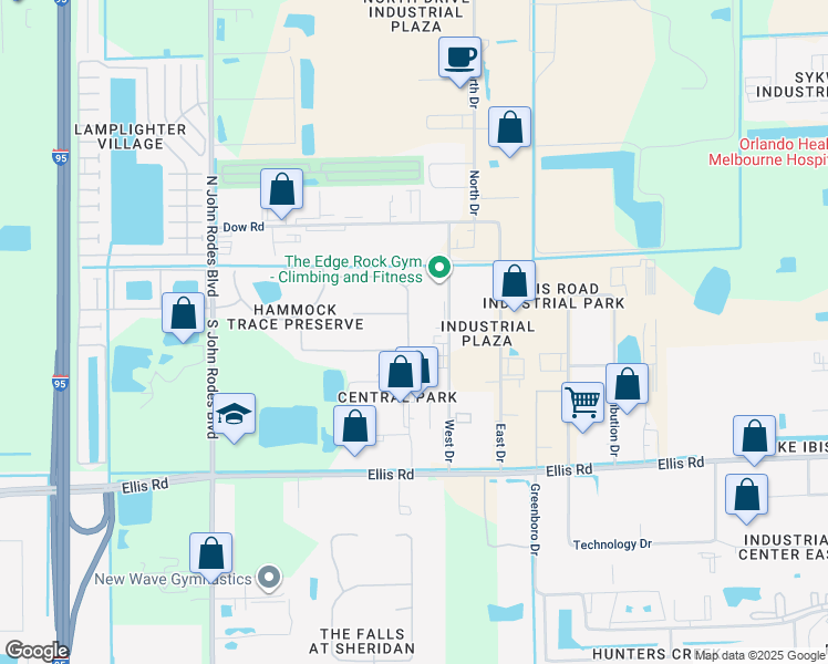 map of restaurants, bars, coffee shops, grocery stores, and more near 3870 Aria Drive in Melbourne