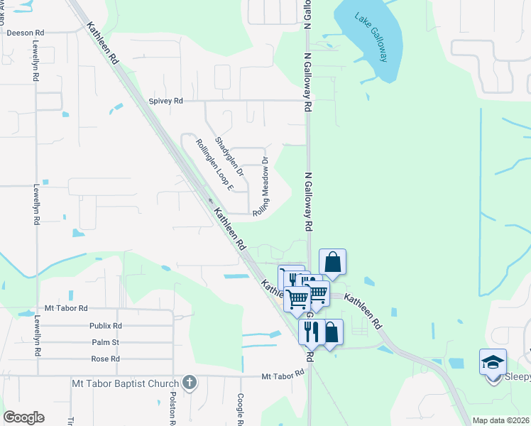 map of restaurants, bars, coffee shops, grocery stores, and more near 4825 Rolling Meadow Drive in Lakeland