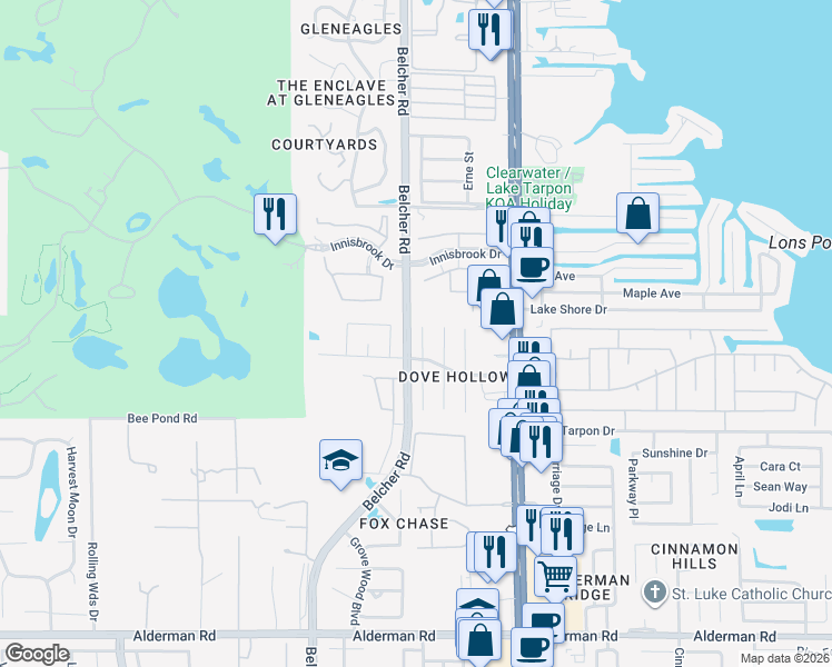 map of restaurants, bars, coffee shops, grocery stores, and more near 3528 Snowy Egret Court in Palm Harbor