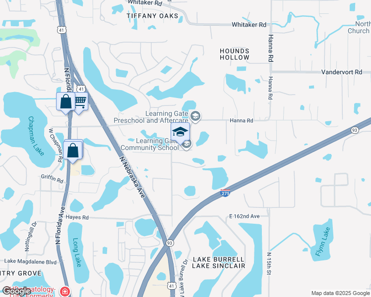map of restaurants, bars, coffee shops, grocery stores, and more near 16215 Hanna Road in Lutz
