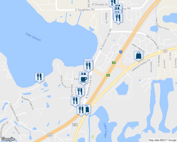 map of restaurants, bars, coffee shops, grocery stores, and more near 4670 North Socrum Loop Road in Lakeland