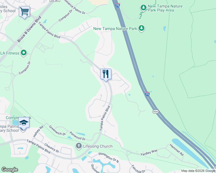 map of restaurants, bars, coffee shops, grocery stores, and more near 7835 Tuscany Woods Drive in Tampa