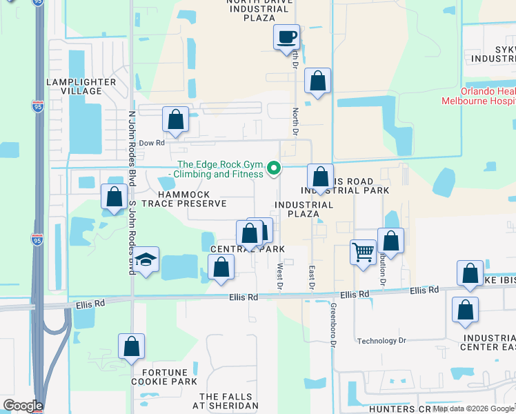 map of restaurants, bars, coffee shops, grocery stores, and more near 3880 Aria Drive in Melbourne