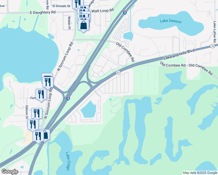 map of restaurants, bars, coffee shops, grocery stores, and more near Sailboat Avenue in Lakeland