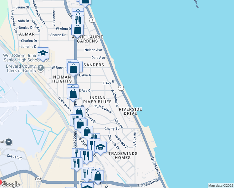 map of restaurants, bars, coffee shops, grocery stores, and more near 307 Audubon Drive in Melbourne