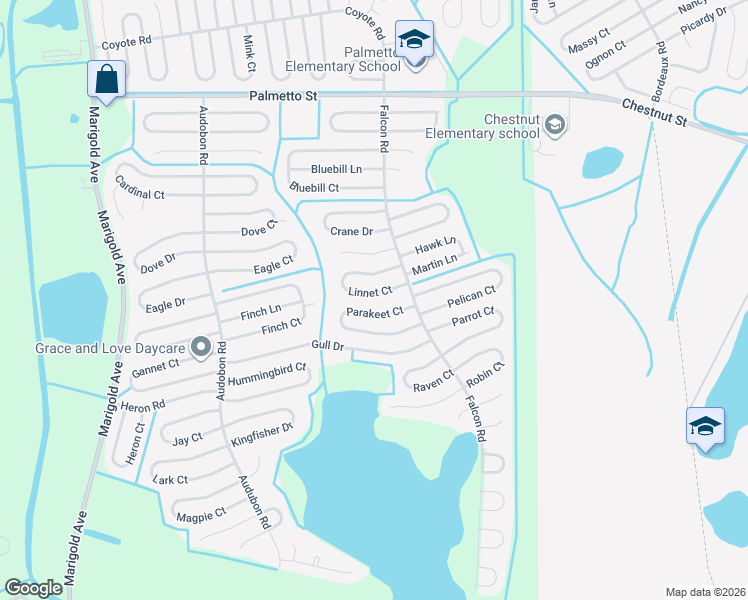 map of restaurants, bars, coffee shops, grocery stores, and more near 649 Linnet Court in Kissimmee