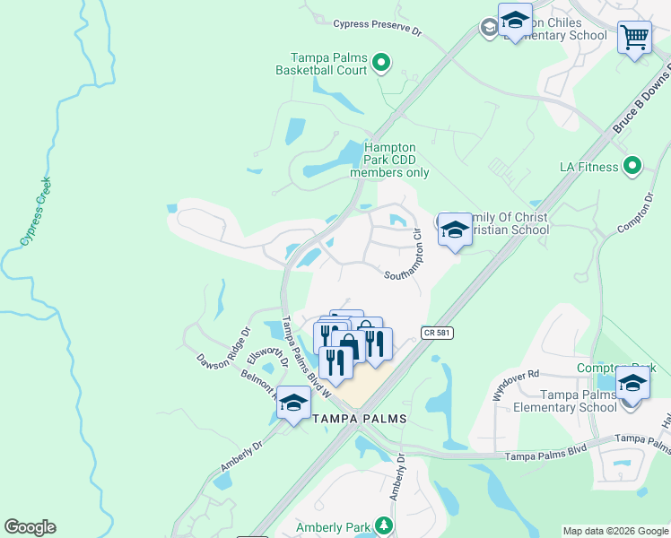 map of restaurants, bars, coffee shops, grocery stores, and more near 16008 Grantham Place in Tampa