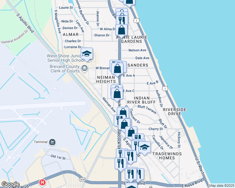 map of restaurants, bars, coffee shops, grocery stores, and more near 308 South Babcock Street in Melbourne
