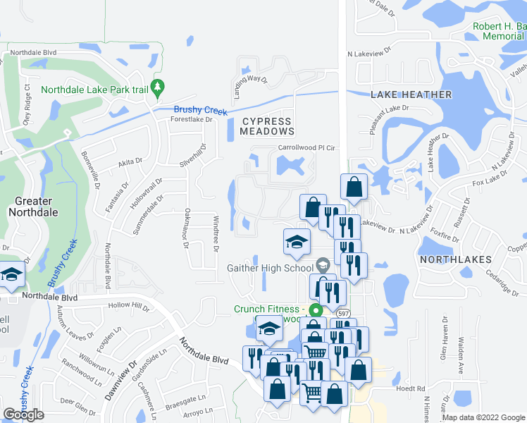map of restaurants, bars, coffee shops, grocery stores, and more near 16401 Cypress Mulch Circle in Tampa