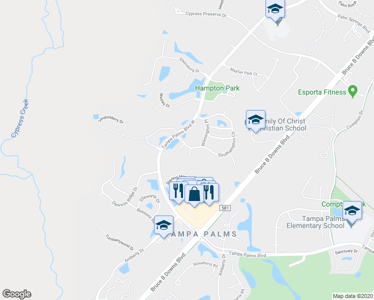 map of restaurants, bars, coffee shops, grocery stores, and more near 16008 Grantham Place in Tampa