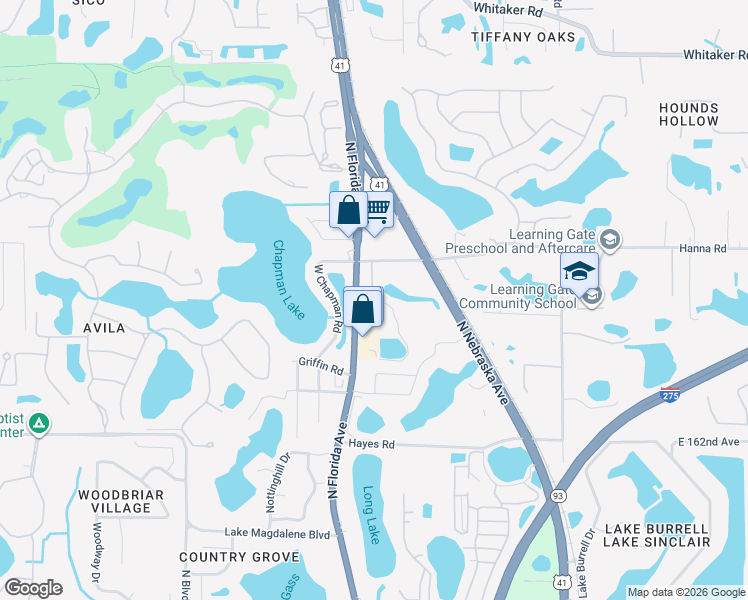 map of restaurants, bars, coffee shops, grocery stores, and more near 16415 Lake Lane in Lutz