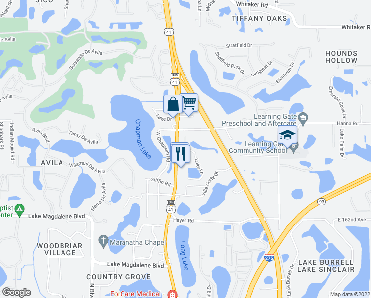map of restaurants, bars, coffee shops, grocery stores, and more near 16415 Lake Lane in Lutz