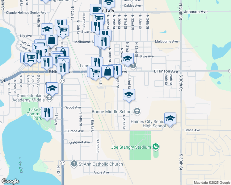 map of restaurants, bars, coffee shops, grocery stores, and more near 122 South 20th Street in Haines City