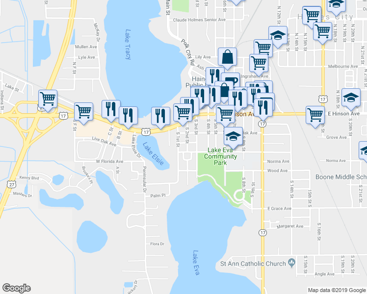 map of restaurants, bars, coffee shops, grocery stores, and more near 104 Ledwith Avenue in Haines City