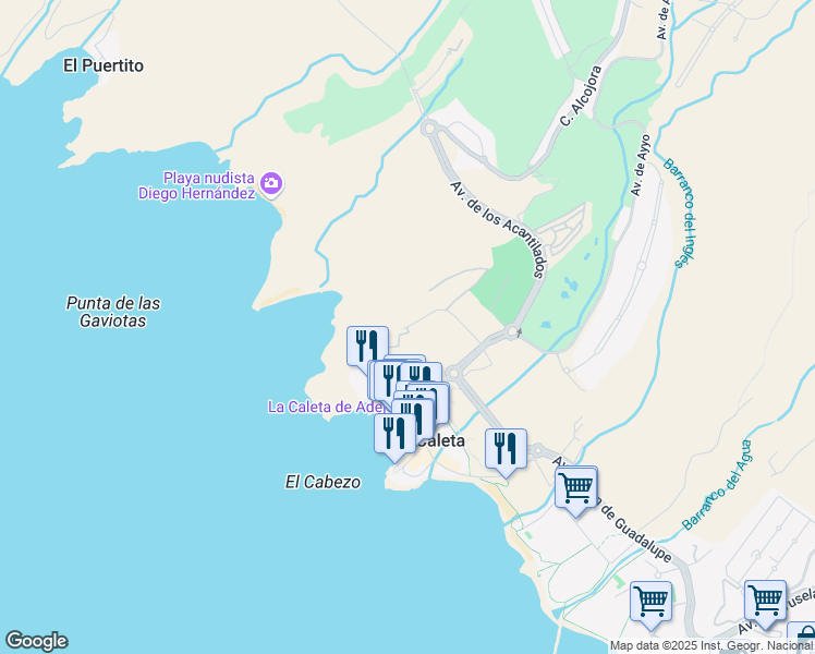 map of restaurants, bars, coffee shops, grocery stores, and more near 6 Calle Playa de Diego Hernandez in Adeje